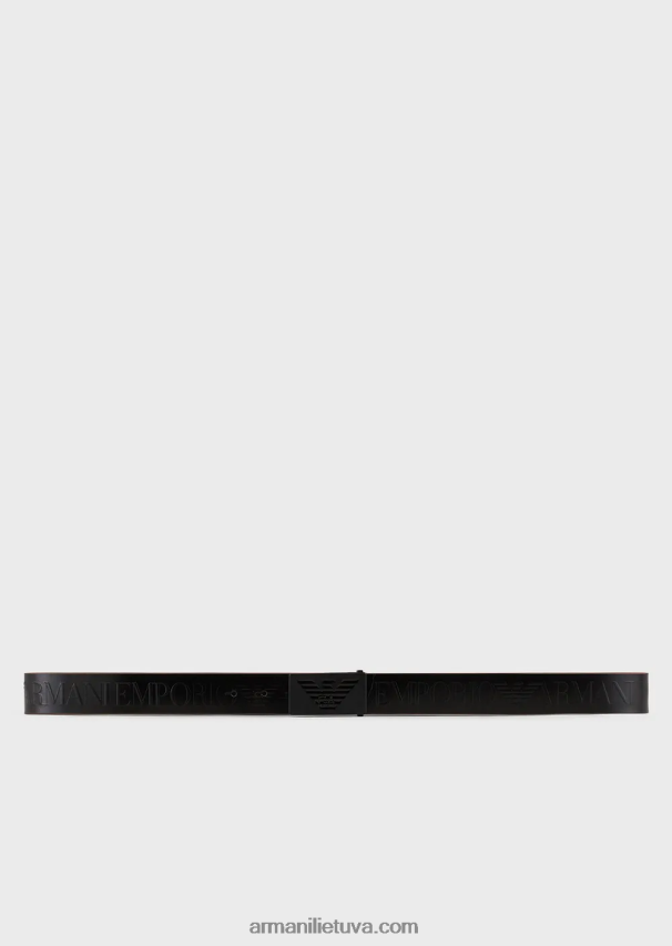 vyrų giliai juoda Armani odinis diržas su įspaustomis oversized raidėmis 02482X1996