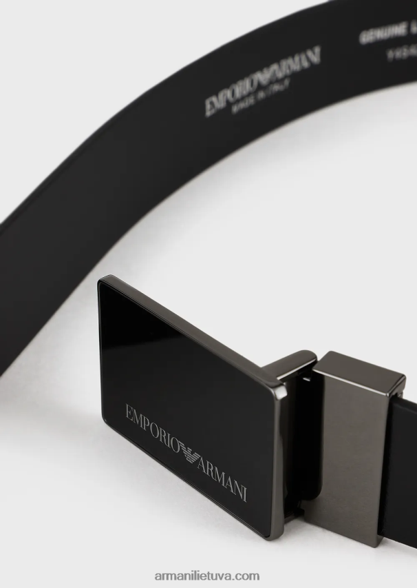 vyrų juodas Armani akmenuotas odinis diržas su plokštele 02482X2012