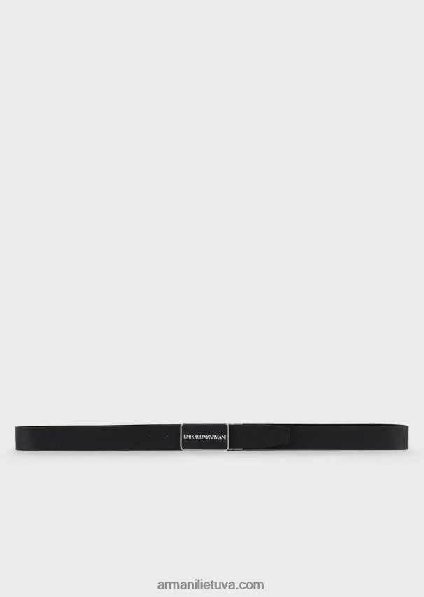 vyrų juodas Armani saffiano odos apverčiamas diržas su plokšteline sagtimi 02482X2011