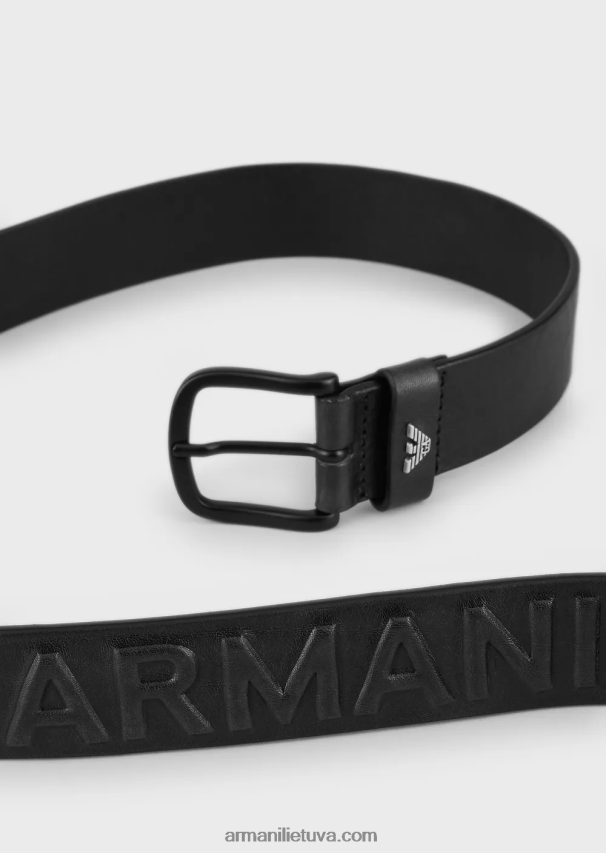 vyrų juodas Armani vintažinio efekto odinis diržas su įspaustomis oversized raidėmis 02482X2005