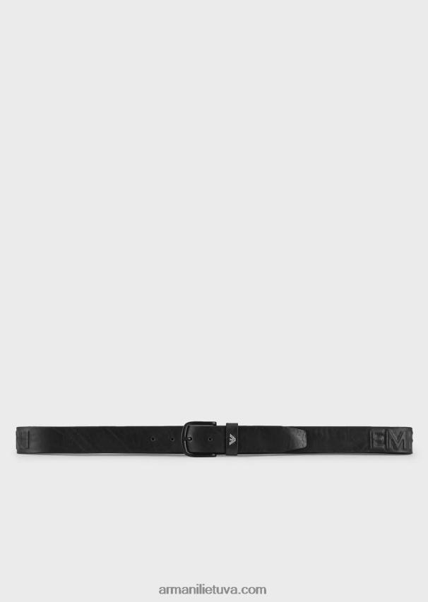 vyrų juodas Armani vintažinio efekto odinis diržas su įspaustomis oversized raidėmis 02482X2005
