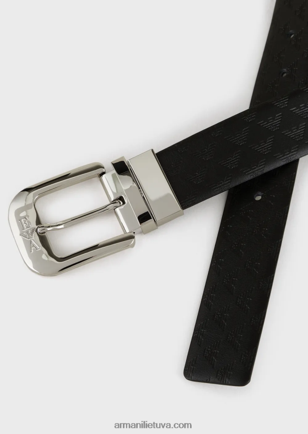 vyrų juodas logotipas Armani apverčiamas odinis diržas su monogramos atspaudu 02482X2027