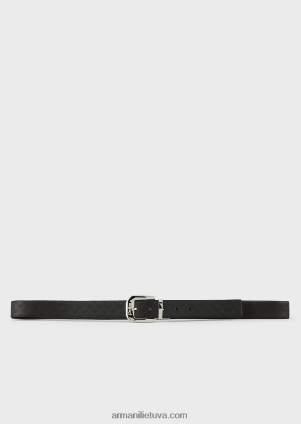 vyrų juodas logotipas Armani apverčiamas odinis diržas su monogramos atspaudu 02482X2027