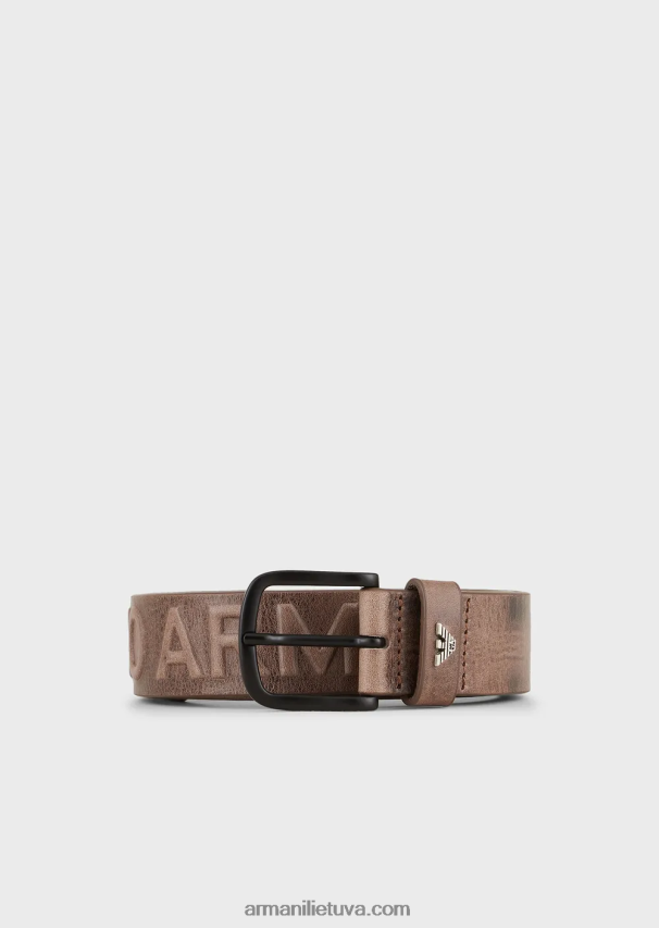 vyrų pilka Armani vintažinio efekto odinis diržas su įspaustomis oversized raidėmis 02482X2004