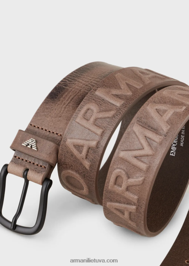 vyrų pilka Armani vintažinio efekto odinis diržas su įspaustomis oversized raidėmis 02482X2004