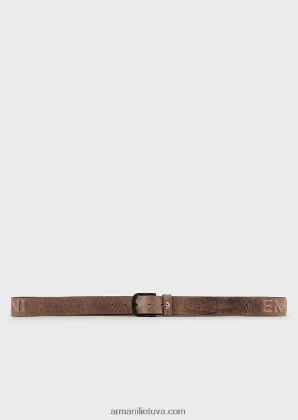 vyrų pilka Armani vintažinio efekto odinis diržas su įspaustomis oversized raidėmis 02482X2004