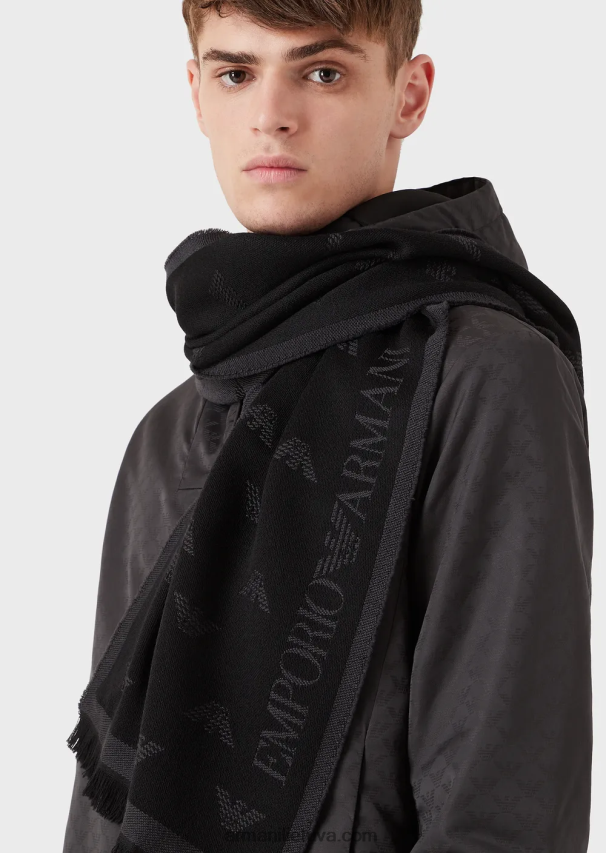 vyrų antracitas Armani viso erelio siuvinėta vilnonė skara 02482X2129