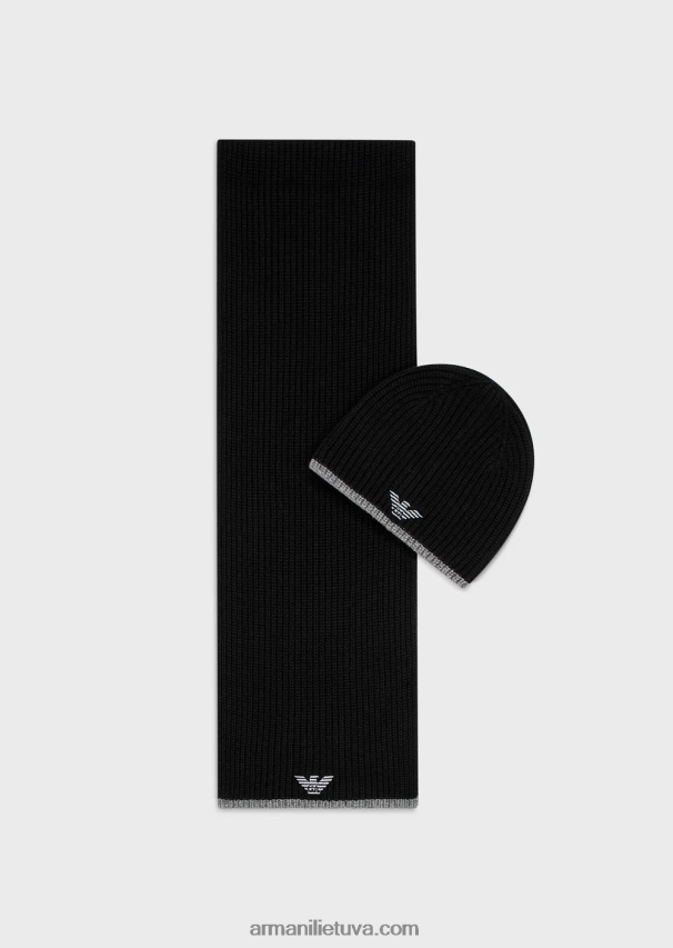 vyrų juodas Armani kepurės ir šaliko komplektas su išsiuvinėtu ereliu 02482X2133