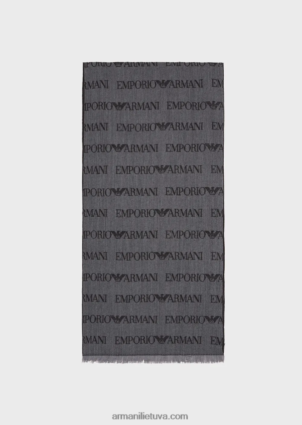 vyrų pilka Armani vilnos mišinio šalikas su žakardo logotipo raidėmis ir kutais 02482X2123