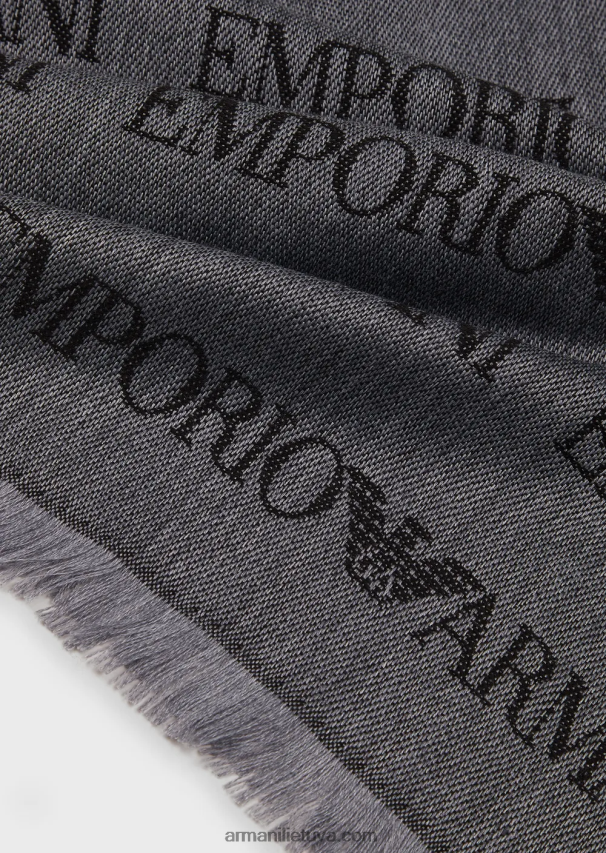 vyrų pilka Armani vilnos mišinio šalikas su žakardo logotipo raidėmis ir kutais 02482X2123