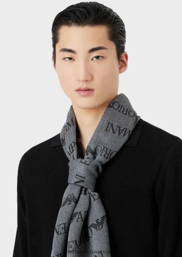 vyrų pilka Armani vilnos mišinio šalikas su žakardo logotipo raidėmis ir kutais 02482X2123