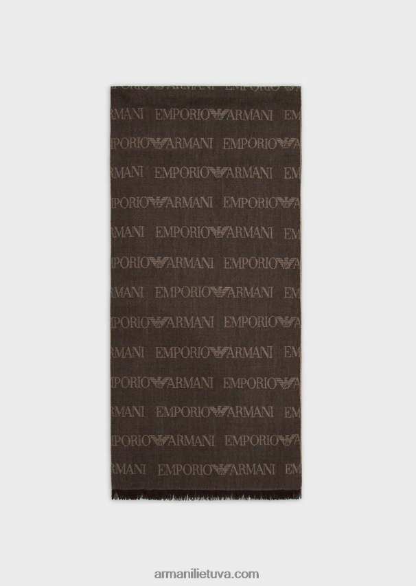 vyrų rudas Armani vilnos mišinio šalikas su žakardo logotipo raidėmis ir kutais 02482X2124
