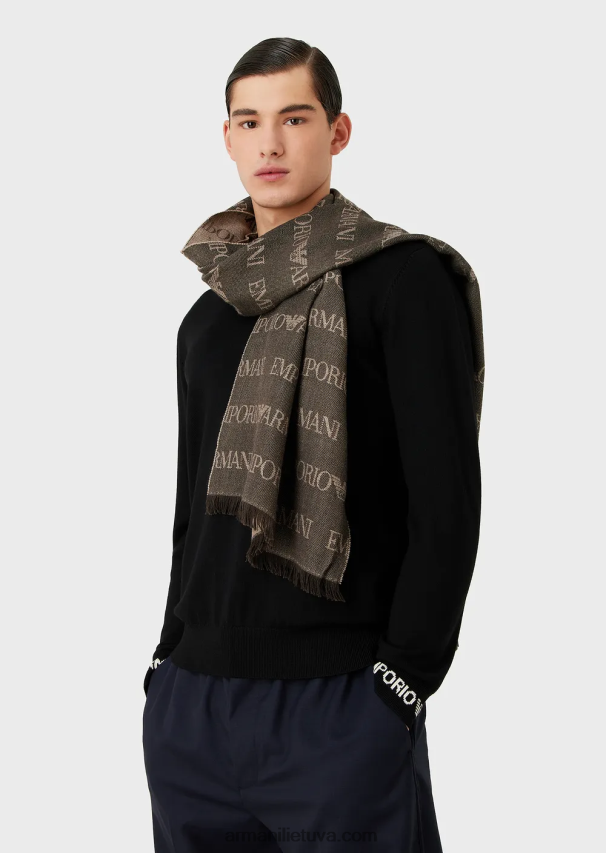 vyrų rudas Armani vilnos mišinio šalikas su žakardo logotipo raidėmis ir kutais 02482X2124