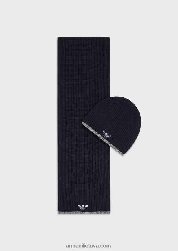 vyrų tamsiai mėlyna Armani kepurės ir šaliko komplektas su išsiuvinėtu ereliu 02482X2135
