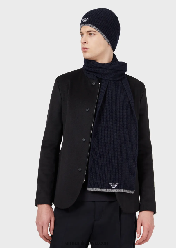 vyrų tamsiai mėlyna Armani kepurės ir šaliko komplektas su išsiuvinėtu ereliu 02482X2135