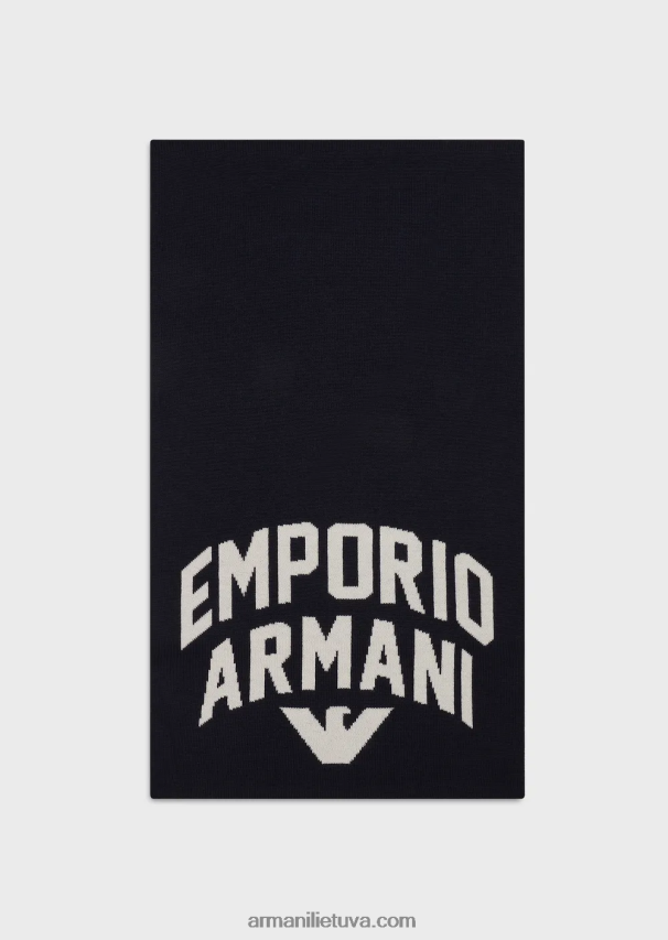 vyrų tamsiai mėlyna Armani vilnos mišinio šalikas su ryškiu logotipu 02482X2120