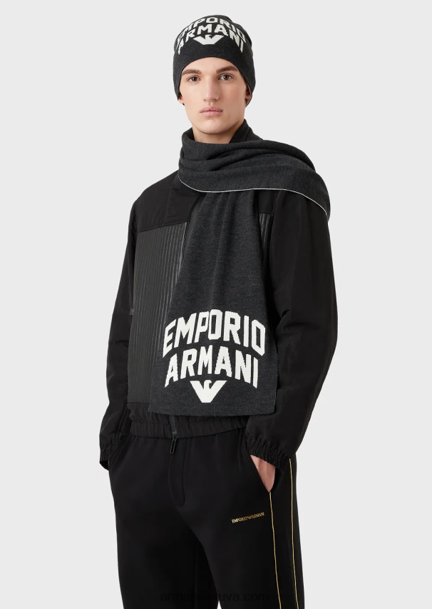 vyrų tamsiai pilka Armani vilnos mišinio šalikas su ryškiu logotipu 02482X2119