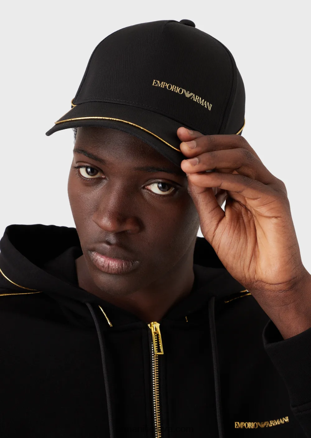 vyrų juodas Armani beisbolo kepuraitė su auksiniu logotipu ir vamzdeliais 02482X2035