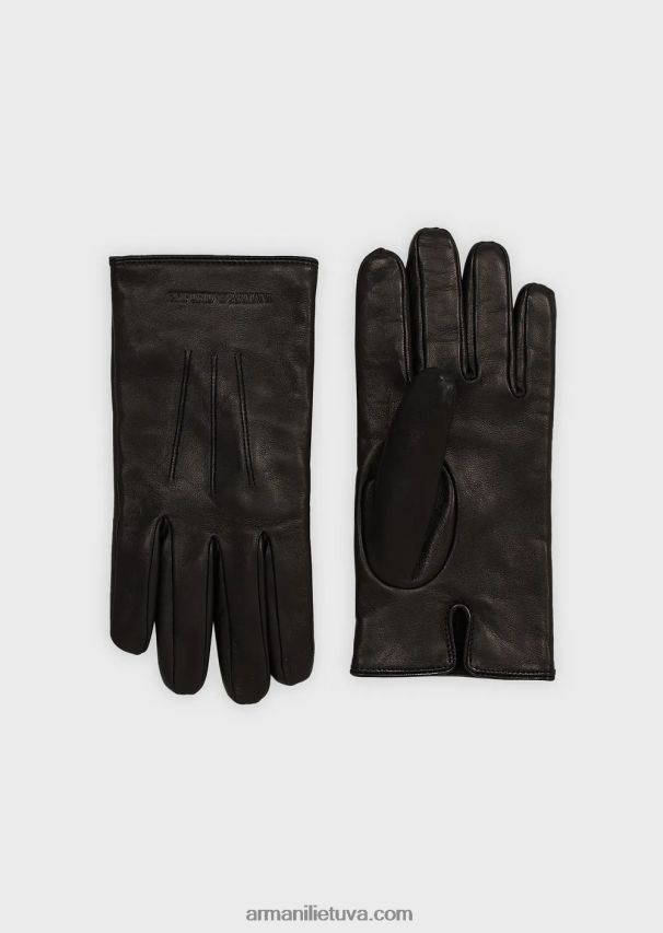 vyrų juodas Armani ėriuko odos nappa odinės pirštinės su bagetine detale 02482X2068