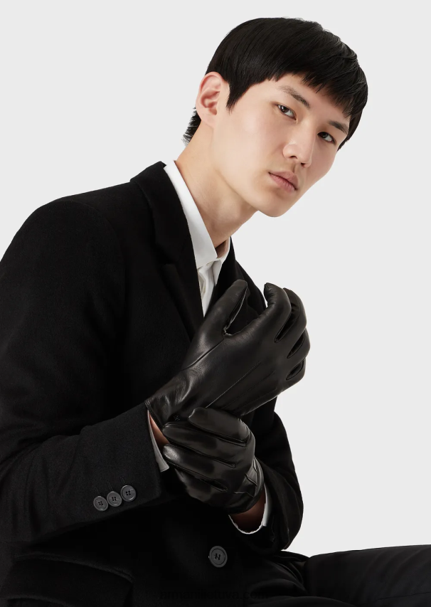 vyrų juodas Armani ėriuko odos nappa odinės pirštinės su bagetine detale 02482X2068