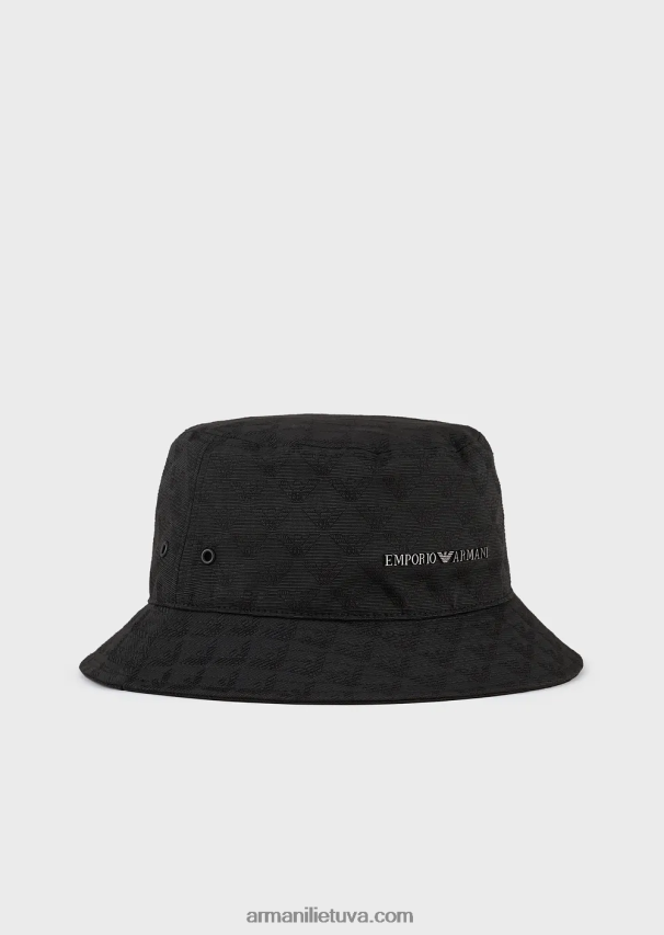 vyrų juodas Armani viso erelio žakardo klošinė kepurė su dirželiu 02482X2041