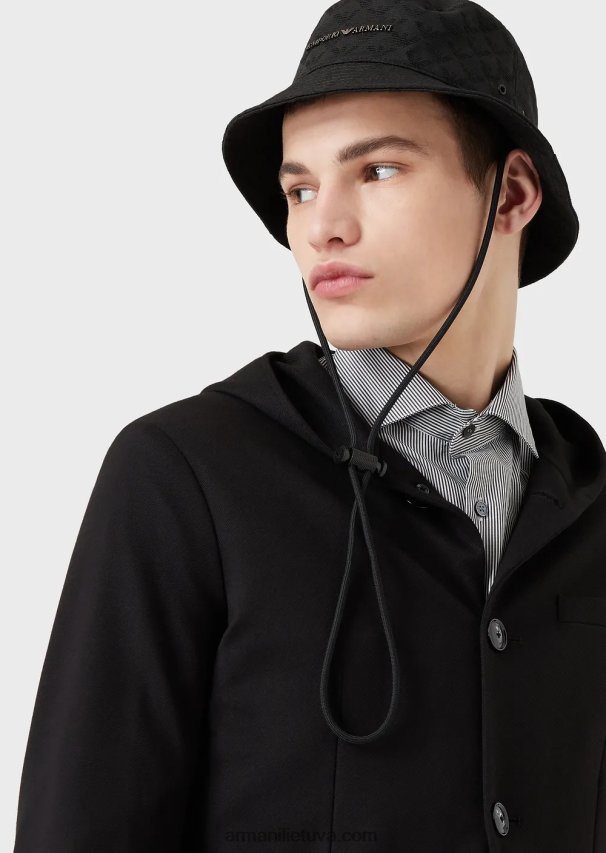 vyrų juodas Armani viso erelio žakardo klošinė kepurė su dirželiu 02482X2041