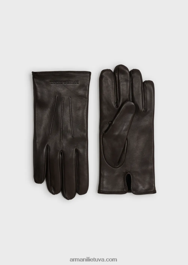 vyrų rudas Armani ėriuko odos nappa odinės pirštinės su bagetine detale 02482X2067