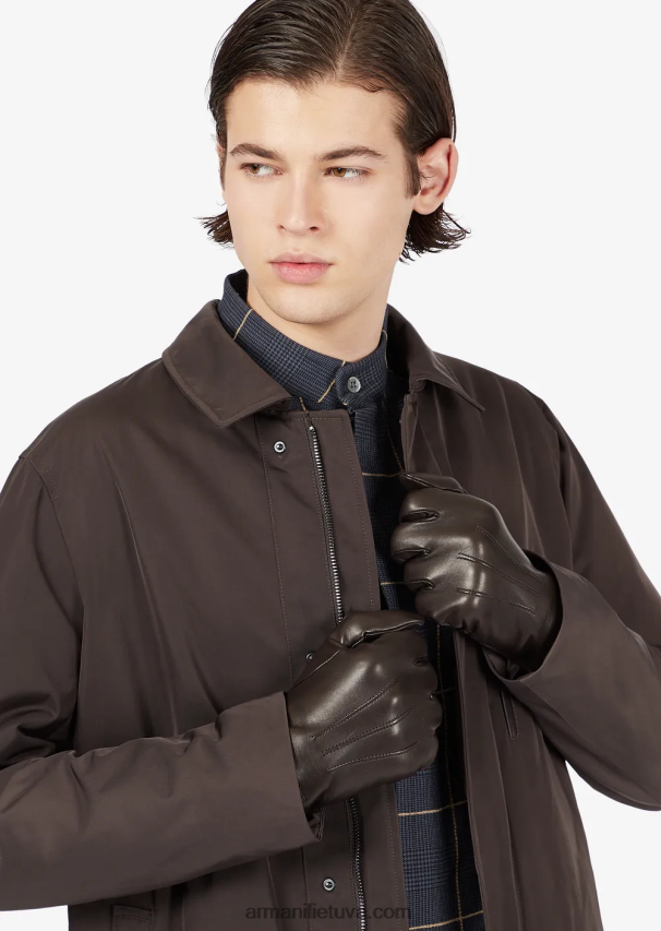 vyrų rudas Armani ėriuko odos nappa odinės pirštinės su bagetine detale 02482X2067