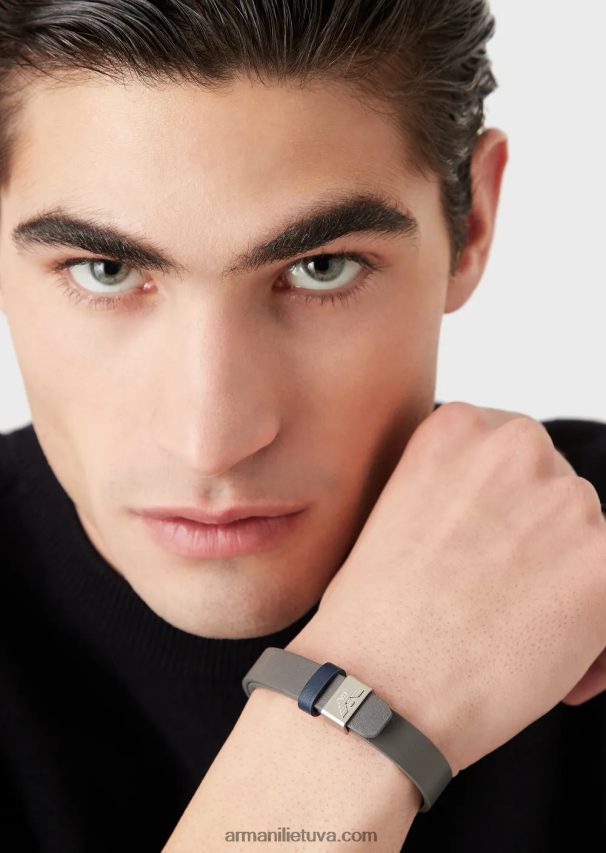 vyrų juodas Armani mėlynos ir pilkos spalvos odinė apyrankė 02482X2105