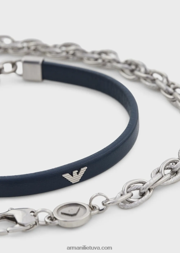 vyrų tamsiai mėlyna Armani mėlynos odos ir nerūdijančio plieno apyrankių rinkinys 02482X2079