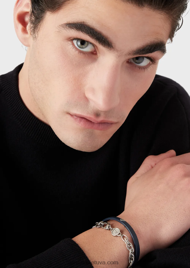 vyrų tamsiai mėlyna Armani mėlynos odos ir nerūdijančio plieno apyrankių rinkinys 02482X2079