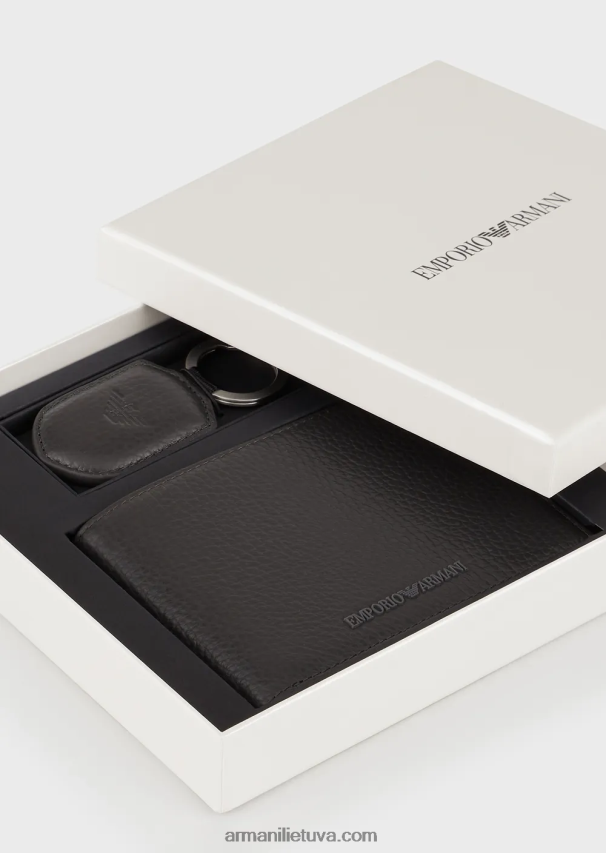 vyrų juoda 2 Armani Dovanų dėžutė su pinigine ir raktų pakabuku, pagaminta iš apvyniotos odos 02482X2189