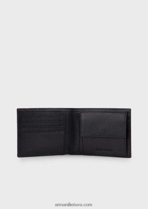 vyrų juodas Armani Dovanų dėžutė su pinigine ir kortelių laikikliu, pagaminta iš susuktos odos 02482X2176