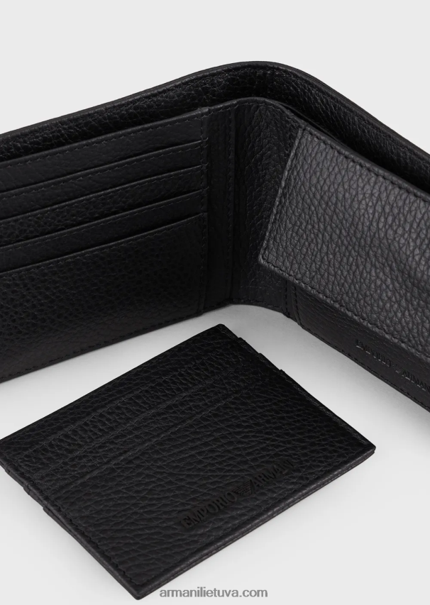 vyrų juodas Armani Dovanų dėžutė su pinigine ir kortelių laikikliu, pagaminta iš susuktos odos 02482X2176