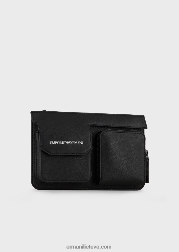 vyrų juodas Armani Saffiano print regeneruotos odos techninis dėklas su išorine kišene 02482X2207