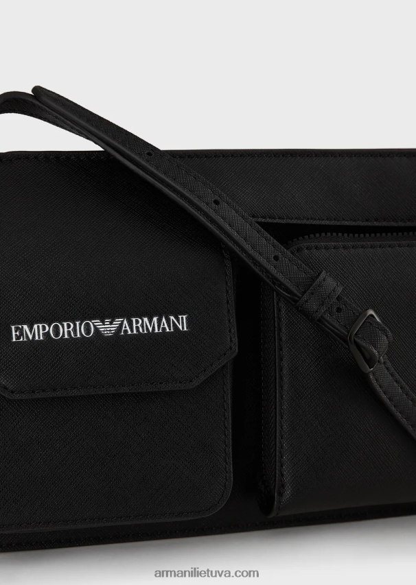 vyrų juodas Armani Saffiano print regeneruotos odos techninis dėklas su išorine kišene 02482X2207