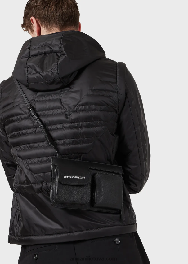 vyrų juodas Armani Saffiano print regeneruotos odos techninis dėklas su išorine kišene 02482X2207