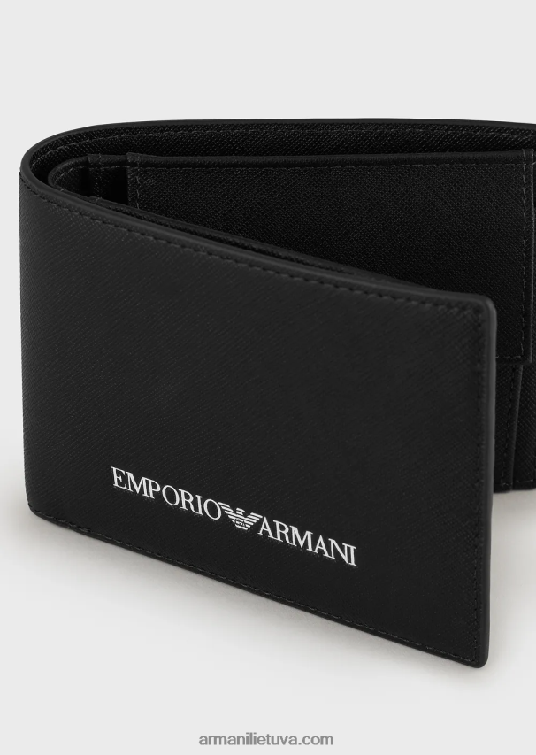 vyrų juodas Armani Saffiano rašto regeneruotos odos piniginė su kišene monetai 02482X2202