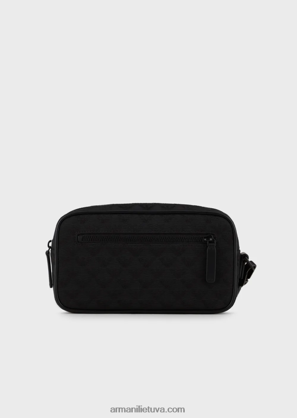 vyrų juodas Armani nailoninis skalbimo krepšys su žakardo ereliu 02482X2216