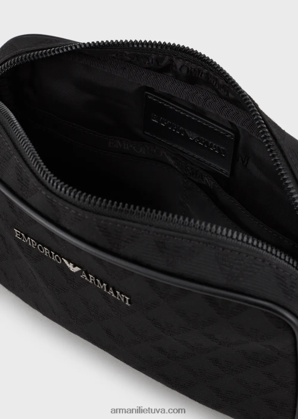 vyrų juodas Armani nailoninis skalbimo krepšys su žakardo ereliu 02482X2216