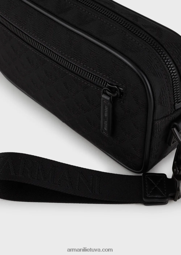 vyrų juodas Armani nailoninis skalbimo krepšys su žakardo ereliu 02482X2216