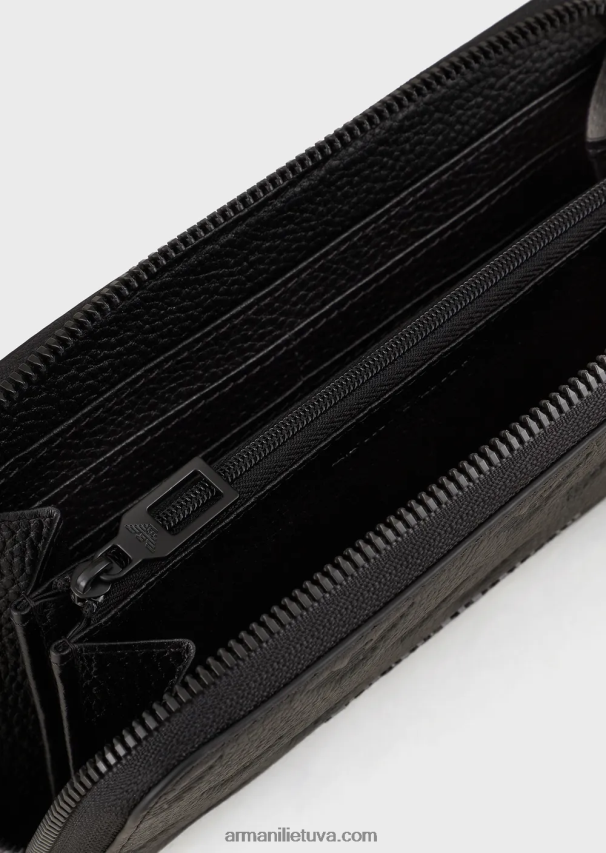 vyrų juodas Armani odinė piniginė su užtrauktuku su reljefiniu ereliu 02482X2214