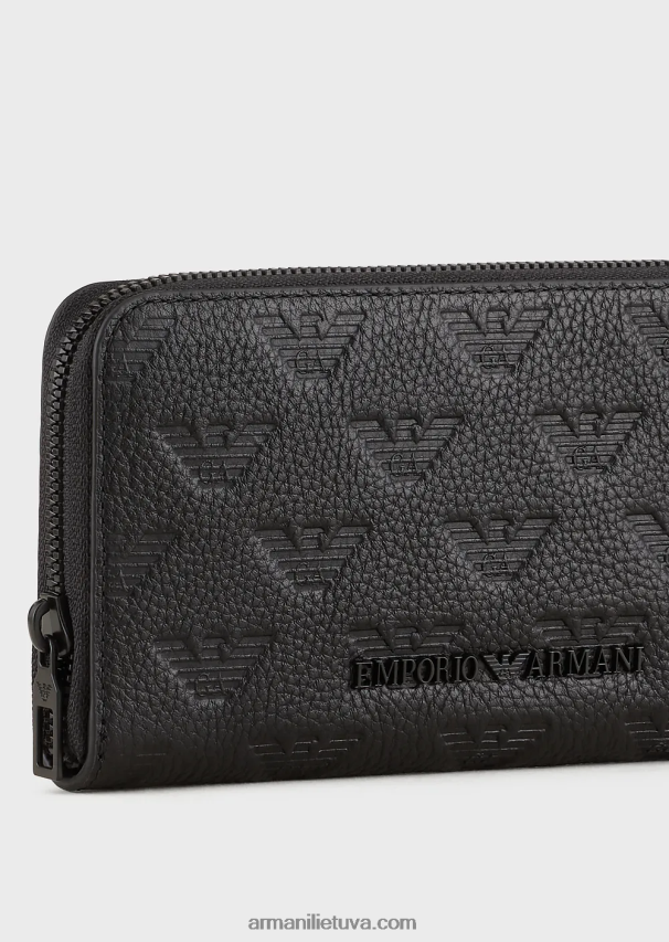 vyrų juodas Armani odinė piniginė su užtrauktuku su reljefiniu ereliu 02482X2214