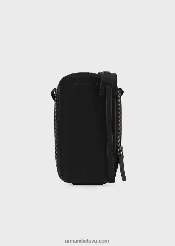 vyrų juodas Armani odinis iphone dėklas su logotipu ir dirželiu 02482X2218