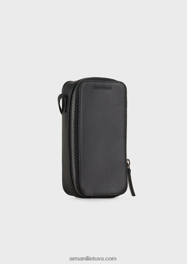 vyrų juodas Armani odinis iphone dėklas su logotipu ir dirželiu 02482X2218