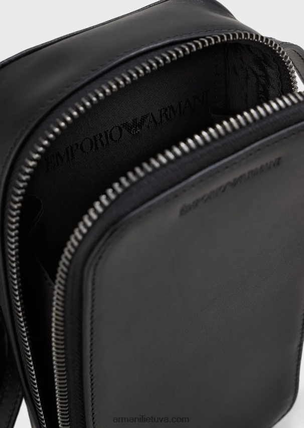 vyrų juodas Armani odinis iphone dėklas su logotipu ir dirželiu 02482X2218