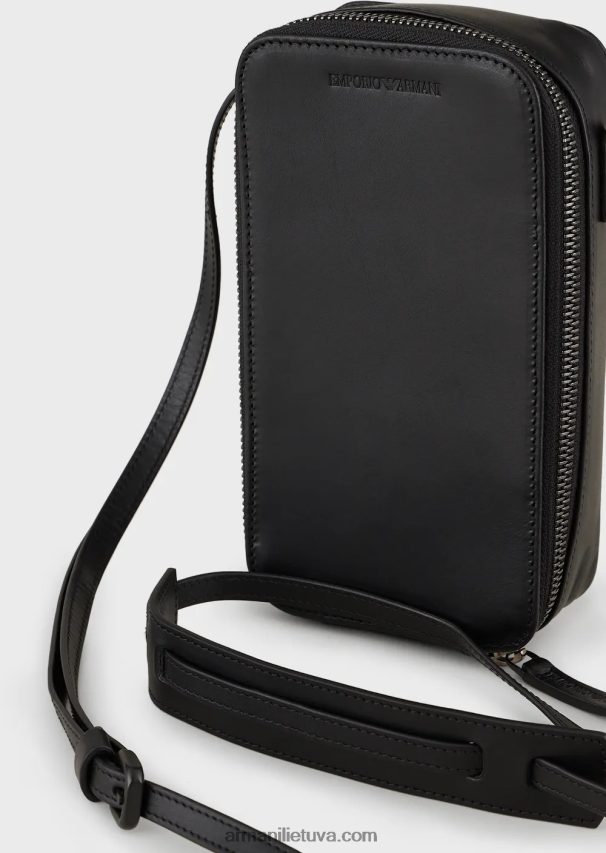 vyrų juodas Armani odinis iphone dėklas su logotipu ir dirželiu 02482X2218