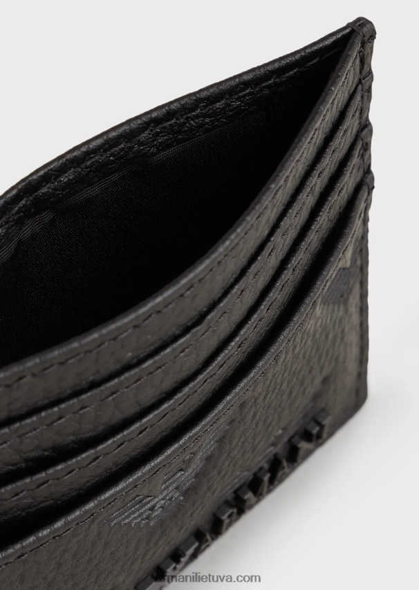 vyrų juodas Armani odinis kortelių laikiklis su visame reljefiniu ereliu 02482X2215