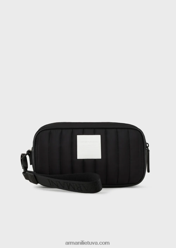 vyrų juodas Armani perdirbtas dygsniuotas ripstop nailono skalbimo maišelis 02482X2173