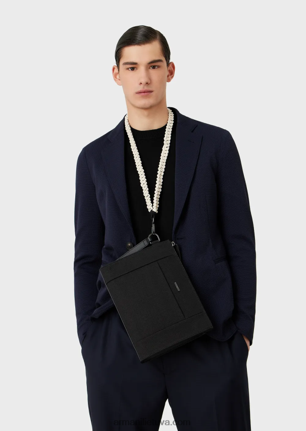 vyrų juodas Armani perdirbtas ruoželinis maišelis su odinėmis detalėmis 02482X2175
